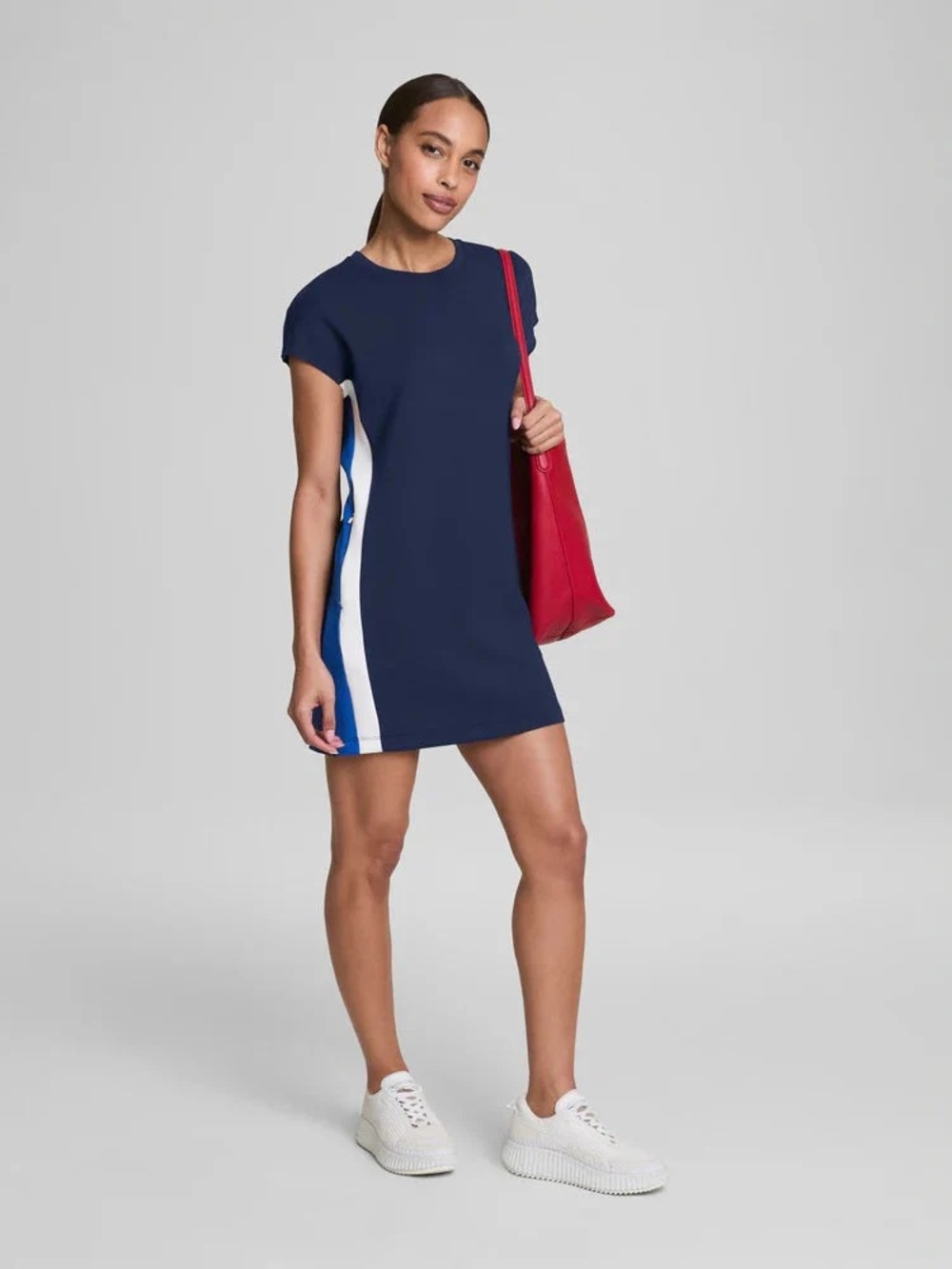 TWO SPANX Navy Blue and Tan Midi Dresses with Side Stripes NWOT